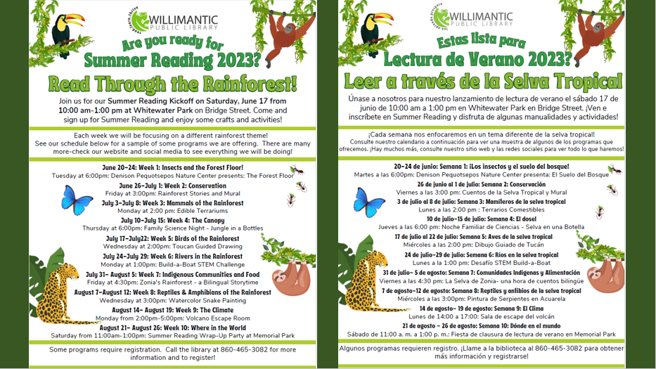 Willimantic Library invites YOU to read through the rainforest this summer!