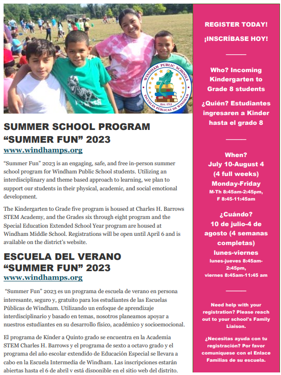 SUMMER SCHOOL PROGRAM Natchaug Elementary School