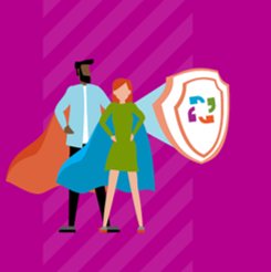 Two people wearing superhero capes for getting their vaccination
