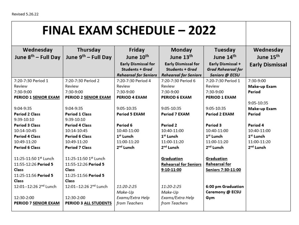 Final Exam Schedule 2022 Windham High School