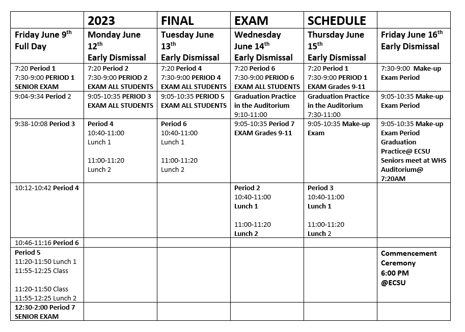 2023 Exam Schedule